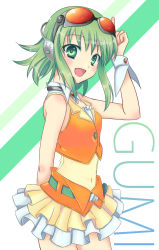 Rule 34 | 1girl, arms behind back, bad id, bad pixiv id, bare shoulders, goggles, goggles on head, green eyes, green hair, gumi, matching hair/eyes, navel, open mouth, short hair, smile, solo, tbdfactory, tobade (tbdfactory), vocaloid