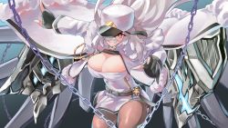 Rule 34 | 1girl, absurdres, azur lane, belt, black belt, black gloves, breasts, chain, cleavage, cleavage cutout, clothing cutout, coat, fur-trimmed coat, fur trim, gangut (azur lane), gloves, hat, highres, large breasts, long hair, looking at viewer, medal, open clothes, open coat, pantyhose, partially fingerless gloves, peaked cap, red eyes, rigging, solo, take yaki, very long hair, white coat, white hair, white hat
