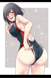 Rule 34 | 1girl, adjusting clothes, adjusting swimsuit, aga marino, ass, back, black border, black hair, black one-piece swimsuit, blush, border, breasts, competition swimsuit, cowboy shot, gradient background, grey background, hair between eyes, highleg, highleg swimsuit, kantai collection, large breasts, letterboxed, looking at viewer, looking back, one-piece swimsuit, open mouth, red eyes, short hair, sideboob, solo, standing, swimsuit, white background, yamashiro (kancolle)