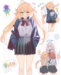 Rule 34 | 1boy, 2girls, ahoge, artoria caster (fate), artoria pendragon (fate), bag, black skirt, blonde hair, blue jacket, blush, bow, bowtie, breasts, closed eyes, collared shirt, contemporary, dress shirt, fate/grand order, fate (series), fujimaru ritsuka (female), green eyes, grey hair, highres, jacket, long hair, long sleeves, looking at viewer, multiple girls, multiple views, oberon (fate), open clothes, open jacket, open mouth, orange hair, paper, pleated skirt, school bag, school uniform, shirt, short hair, skirt, small breasts, smile, test score, thighs, translation request, twintails, uxco0, white shirt
