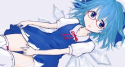 Rule 34 | 1girl, bespectacled, bloomers, bloomers pull, blue dress, blue eyes, blue hair, bow, chairopen, cirno, clothes lift, covering privates, covering crotch, dress, dress lift, fairy, glasses, hair bow, hair ornament, ice, ice wings, looking at viewer, matching hair/eyes, open mouth, puffy short sleeves, puffy sleeves, red-framed eyewear, ribbon, short hair, short sleeves, simple background, solo, thighs, touhou, underwear, wings