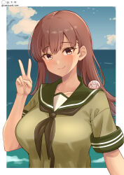 Rule 34 | 1girl, blue sky, blush, breasts, brown eyes, brown hair, cloud, cloudy sky, day, green sailor collar, green serafuku, highres, horizon, kantai collection, long hair, looking at viewer, medium breasts, military uniform, naval uniform, neckerchief, ocean, one-hour drawing challenge, ooi (kancolle), outdoors, sailor collar, school uniform, serafuku, shiromaru (maniado), sky, smile, uniform, upper body, v, water