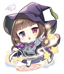 Rule 34 | 1girl, black footwear, black skirt, blush stickers, book, brown hair, chibi, commentary request, commission, full body, grey jacket, hat, heterochromia, holding, holding book, holding wand, jacket, long hair, long sleeves, looking at viewer, magic circle, natsuki marina, open book, original, pantyhose, parted lips, pixiv commission, purple eyes, purple hat, red eyes, shoes, signature, simple background, skirt, sleeves past wrists, solo, star (symbol), v-shaped eyebrows, very long hair, wand, white background, white pantyhose, witch hat