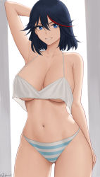 Rule 34 | 1girl, absurdres, armpits, arms up, artist name, backlighting, bare shoulders, black hair, blue eyes, blue panties, blunt ends, blush, breasts, camisole, cleavage, collarbone, cowboy shot, crop top, highres, kill la kill, large breasts, long hair, looking at viewer, matoi ryuuko, navel, no bra, no pants, open mouth, paid reward available, panties, red hair, solo, standing, striped clothes, striped panties, thick eyebrows, thighs, twitter username, underboob, underwear, white camisole, zaphn