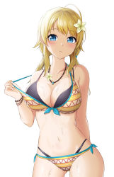 Rule 34 | 1girl, absurdres, bare shoulders, bikini, bikini pull, blonde hair, blue eyes, blush, bracelet, breasts, cleavage, clothes pull, dripping, hachimiya meguru, highres, idolmaster, idolmaster shiny colors, jewelry, large breasts, looking at viewer, navel, necklace, solo, strap pull, swimsuit, tennen inari, wet