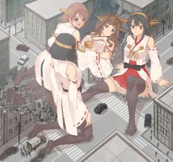 Rule 34 | 4girls, bare shoulders, building, car, city, destruction, feet, footprints, giant, giantess, hands on ground, haruna (kancolle), hiei (kancolle), japanese clothes, kantai collection, kirishima (kancolle), kongou (kancolle), lying, miko, motor vehicle, multiple girls, no shoes, people, seiza, sitting, sitting on person, thighhighs, vintage car
