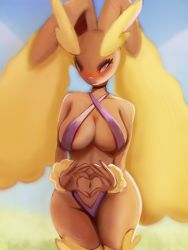 Rule 34 | 1girl, animal nose, areola slip, bare shoulders, bikini, black choker, blue background, blue sky, blush, body fur, breasts, brown fur, choker, chromatic aberration, closed mouth, clothed pokemon, collarbone, cowboy shot, creatures (company), day, female focus, furry, furry female, game freak, gen 4 pokemon, half-closed eyes, heart, heart hands, highres, kousaten, large breasts, looking at viewer, lopunny, nintendo, nose blush, outdoors, own hands together, pink eyes, pokemon, pokemon (creature), purple bikini, rabbit ears, rabbit girl, simple background, sky, solo, standing, swimsuit, two-tone fur, yellow fur