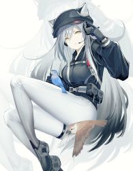 Rule 34 | 1girl, animal ears, arknights, belt, bird, black footwear, black gloves, black hat, black jacket, blue bird, breasts, cabbie hat, cat ears, cigarette p, ears through headwear, gloves, hand up, hat, headset, highres, index finger raised, jacket, leggings, long hair, long sleeves, looking at viewer, medium breasts, official alternate costume, pants, pouch, schwarz (arknights), schwarz (skyline) (arknights), shoes, silver hair, solo, thigh strap, thighs, very long hair, white background, white pants, yellow eyes, zoom layer