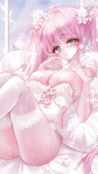 Rule 34 | 1girl, absurdres, artist name, bed sheet, blush, breasts, cleavage, collarbone, commentary, commission, eyelashes, glint, green eyes, highres, large breasts, looking at viewer, mask, mouth mask, navel, original, pillow, pink hair, pink theme, solo, stomach, surgical mask, symbol-only commentary, tandohark, thighhighs, thighs, twintails, twitter username, white mask, white thighhighs