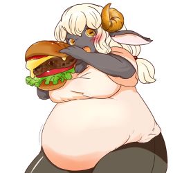 Rule 34 | artist request, blonde hair, brown eyes, eating, furry, burger, long hair, open mouth, sheep