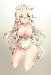 Rule 34 | 1girl, 3:, absurdres, animal ears, aran sweater, bare legs, bare shoulders, blush, breasts, cable knit, cat tail, collarbone, cum, cum on body, cum on breasts, cum on lower body, cum on upper body, elsword, eve (elsword), facial mark, full body, gluteal fold, gradient background, heart, heart-shaped pupils, highres, large breasts, light brown hair, long hair, long sleeves, looking at viewer, malpoi, nipples, o-ring, off-shoulder, off-shoulder sweater, off shoulder, panties, pink eyes, platinum blonde hair, sandals, sidelocks, simple background, sitting, sleeves past wrists, solo, sweater, symbol-shaped pupils, tail, underwear