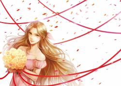 Rule 34 | 1girl, aerith gainsborough, bare shoulders, bouquet, breasts, brown hair, collarbone, confetti, detached sleeves, dress, final fantasy, final fantasy vii, flower, green eyes, hair ribbon, holding, holding bouquet, long hair, looking at viewer, medium breasts, pink dress, pink ribbon, ponytail, puffy short sleeves, puffy sleeves, red ribbon, ribbon, rose, short sleeves, smile, solo, tetra takamine, upper body, wavy hair, white background, yellow flower, yellow rose