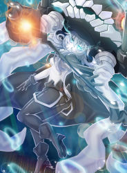 Rule 34 | 10s, 1girl, :&lt;, abyssal ship, black footwear, black gloves, blue eyes, bodysuit, boots, cane, cape, colored skin, gloves, glowing, glowing eyes, headgear, kantai collection, long hair, looking at viewer, pale skin, silver hair, solo, sora (dkssud6580), tentacles, white skin, wo-class aircraft carrier