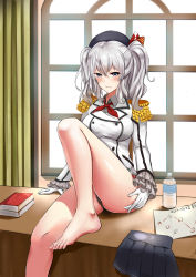 Rule 34 | 10s, 1girl, absurdres, barefoot, blue eyes, bottle, breasts, desk, epaulettes, hat, highres, kantai collection, kashima (kancolle), looking at viewer, map, military, military uniform, silver hair, skirt, unworn skirt, smile, solo, subber, twintails, uniform, water bottle