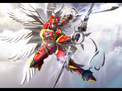 Rule 34 | 00s, angel wings, armor, cloud, digimon, digimon (creature), digimon tamers, dual wielding, dukemon, dukemon crimson mode, highres, holding, lance, letterboxed, no humans, polearm, sky, solo, spear, sword, takayuuki, weapon, wings