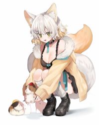 Rule 34 | 1girl, :3, :x, animal, animal ear fluff, animal ears, bad id, bad pixiv id, bare shoulders, belt collar, black dress, black footwear, blue bow, blue ribbon, bow, breasts, collar, dress, fur-trimmed sweater, fur trim, green eyes, guinea pig, hair ornament, hairclip, hat, high heels, holding, holding animal, large breasts, large tail, long sleeves, medium hair, mid (gameshe), mole, mole on breast, nail polish, off-shoulder, off-shoulder sweater, off shoulder, open mouth, original, ribbed legwear, ribbon, school hat, shoes, silver hair, simple background, sleeves past wrists, smile, socks, solo focus, squatting, sweater, tail, thick eyebrows, white background, white legwear, yellow sweater