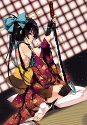 Rule 34 | 1girl, absurdres, ankle wrap, aqua nails, bare shoulders, barefoot, bell, black hair, blunt bangs, bow, breasts, detached sleeves, dutch angle, feet, fingerless gloves, fingernails, floral print, gloves, hair bell, hair bow, hair ornament, hair stick, highres, indoors, japanese clothes, katana, kimono, long fingernails, long hair, looking at viewer, medium breasts, nail polish, obi, original, parted lips, ponytail, purple eyes, refeia, sash, scan, sideboob, sitting, soles, solo, sword, thighhighs, toeless legwear, toes, wariza, weapon, white thighhighs