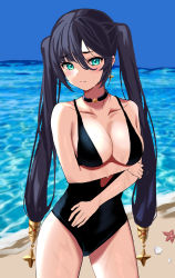 Rule 34 | 1girl, absurdres, alternate breast size, arm under breasts, beach, black choker, black hair, black one-piece swimsuit, blue sky, breasts, choker, closed mouth, collarbone, cowboy shot, day, earrings, furrowed brow, genshin impact, green eyes, highres, holding own arm, jewelry, large breasts, long hair, mona (genshin impact), ocean, one-piece swimsuit, outdoors, shell, sky, solo, sparkle hair ornament, star (symbol), star earrings, starfish, swimsuit, thighs, twintails, uuroncha, very long hair, water, wet, wet hair