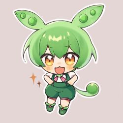 Rule 34 | 1girl, :3, :d, blush, chibi, full body, green hair, green shorts, grey background, hair between eyes, long hair, looking at viewer, open mouth, outline, pea pod, puffy short sleeves, puffy sleeves, shirt, short sleeves, shorts, simple background, smile, solo, sparkle, suspender shorts, suspenders, utsuro114514, voiceroid, voicevox, white outline, white shirt, zundamon