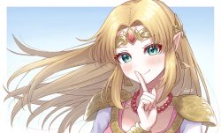 Rule 34 | 1girl, absurdres, blonde hair, blush, circlet, closed mouth, earrings, finger to mouth, green eyes, highres, jewelry, long hair, looking at viewer, necklace, nintendo, pointy ears, portrait, princess zelda, smile, solo, super smash bros., taro (peach taro51), the legend of zelda, the legend of zelda: a link between worlds, the legend of zelda: a link to the past
