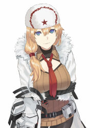 Rule 34 | 1girl, asakiri koko, black gloves, blonde hair, blue eyes, breasts, brown sweater, coat, fur-trimmed coat, fur hat, fur trim, girls&#039; frontline, gloves, hair between eyes, hat, highres, large breasts, long hair, looking at viewer, mosin-nagant (girls&#039; frontline), mosin-nagant (mod3) (girls&#039; frontline), necktie, open clothes, open coat, pantyhose, pouch, red necktie, red star, side ponytail, solo, star (symbol), sweater, ushanka, white background, white coat
