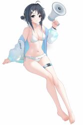 Rule 34 | 1girl, absurdres, ahoge, arknights, bare legs, bare shoulders, barefoot, bikini, black eyes, black hair, blue jacket, commentary request, hair ornament, hairclip, hand up, highres, holding, holding megaphone, jacket, la pluma (arknights), la pluma (summer flowers) (arknights), legs, looking at viewer, megaphone, navel, off shoulder, open clothes, open jacket, short hair, simple background, sitting, solo, stomach, swimsuit, thigh strap, thighs, toenails, toes, white background, white bikini, zerotwenty (020)