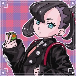 1girl aoshima_(pidove810) black_hair black_jacket black_nails buttons closed_mouth commentary_request creatures_(company) dress dusk_ball earrings eyelashes game_freak green_eyes holding holding_poke_ball jacket jewelry long_sleeves looking_at_viewer lowres marnie_(pokemon) nail_polish nintendo pink_dress pixel_art poke_ball pokemon pokemon_swsh solo twintails upper_body