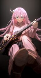 Rule 34 | 1girl, amn ic01, blue eyes, bocchi the rock!, brown footwear, closed mouth, cube hair ornament, electric guitar, gibson les paul, gotoh hitori, guitar, hair between eyes, hair ornament, highres, holding, holding instrument, instrument, jacket, long hair, long sleeves, looking at viewer, one side up, pants, pants under skirt, pink hair, pink jacket, pink pants, sitting, skirt, solo, sweatdrop, track jacket, track pants