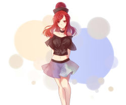 Rule 34 | 1girl, bad leg, bare shoulders, blush, choker, clothes writing, collarbone, crop top, cui ying, hecatia lapislazuli, highres, long hair, looking at viewer, midriff, miniskirt, navel, off shoulder, red eyes, red hair, shirt, skirt, smile, solo, t-shirt, touhou