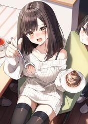 Rule 34 | 2girls, :d, :t, animal slippers, aran sweater, black hair, black shirt, blush, breasts, brown eyes, brown thighhighs, cable knit, chair, cleavage, closed mouth, collarbone, commentary request, cup, feeding, food, food on face, food request, hair between eyes, highres, holding, holding spoon, indoors, long sleeves, looking at viewer, medium breasts, multiple girls, nail polish, off-shoulder sweater, off shoulder, on chair, open mouth, original, pentagon (railgun ky1206), pink nails, pout, puffy long sleeves, puffy sleeves, saucer, shirt, sleeves past wrists, slippers, smile, spoon, sweater, table, tea, teacup, thighhighs, v-shaped eyebrows, white footwear, white sweater, wooden floor