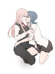 Rule 34 | 2girls, absurdres, asahina yuni, black skirt, black vest, blue hair, brown skirt, hand on another&#039;s arm, hand on another&#039;s waist, haoxiangkan nutong, highres, imminent kiss, knee in crotch, kyou wa kanojo ga inai kara, long hair, medium hair, miniskirt, multiple girls, necktie, open clothes, open skirt, pink hair, pleated skirt, red necktie, shirt, simple background, skirt, taki fuuko, tongue, tongue out, vest, white background, white shirt, yuri