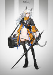Rule 34 | 1girl, absurdres, animal ears, arknights, black footwear, black gloves, black thighhighs, boots, coat, commentary request, fingerless gloves, gloves, hair ornament, hairclip, high heel boots, high heels, highres, holding, holding sword, holding weapon, long hair, moonface, multicolored hair, original, solo, standing, sword, tail, thighhighs, two-tone hair, weapon, white hair, yellow coat, yellow eyes, zipper