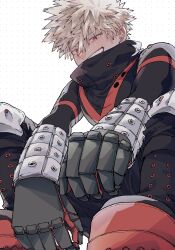 1boy absurdres bakugou_katsuki black_pants blonde_hair boku_no_hero_academia boots bracer collared_shirt dotted_background gloves grin hair_between_eyes high_collar highres knee_pads kome_uo long_sleeves looking_at_viewer male_focus multicolored_clothes multicolored_footwear multicolored_gloves orange_eyes orange_stripes pants popped_collar shirt sitting smile solo spiked_hair striped_clothes striped_shirt superhero_costume teeth white_background