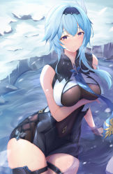 Rule 34 | 1girl, absurdres, ainrichman, arm rest, arm under breasts, asymmetrical hair, bare arms, black hairband, blue hair, blue necktie, bodystocking, breasts, covered navel, eula (genshin impact), frown, genshin impact, hair ornament, hairband, highres, ice, large breasts, leotard, looking at viewer, medium hair, necktie, partially submerged, purple eyes, sitting, thick thighs, thigh strap, thighs, water