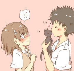 Rule 34 | !, !!, 1boy, 1girl, animal, black cat, black hair, blush, bob cut, breasts, brown eyes, brown hair, brown sweater vest, cat, dress shirt, eye contact, flower, from side, full-face blush, hair flower, hair ornament, hairclip, heart, himaneko., holding, holding animal, holding cat, indirect kiss, kamijou touma, kiss, kiss day, kissing animal, light smile, looking at another, misaka imouto 10032&#039;s cat, misaka mikoto, motion lines, nose blush, pink background, school uniform, shirt, short hair, short sleeves, sideways mouth, simple background, small breasts, smile, speech bubble, surprised, sweater vest, toaru kagaku no railgun, toaru majutsu no index, tokiwadai school uniform, upper body, white flower, white shirt