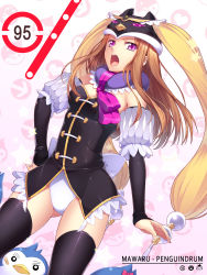 Rule 34 | 10s, 1girl, animal hat, arrow (symbol), bandaid, black thighhighs, blonde hair, bow, brown hair, copyright name, elbow gloves, face, fingerless gloves, gloves, hand on own hip, hat, heart, highres, long hair, looking at viewer, mawaru penguindrum, open mouth, penguin 1-gou, penguin 2-gou, penguin 3-gou, pink eyes, princess of the crystal, solo, sparkle, star (symbol), takakura himari, thighhighs, yanagi (tsukiakari)
