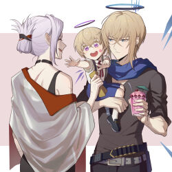 Rule 34 | 1girl, 2boys, :d, arknights, black choker, black shirt, blonde hair, blue eyes, blue scarf, blue shorts, choker, commentary request, cup, executor (arknights), folded ponytail, halo, highres, holding, holding cup, if they mated, multiple boys, open mouth, purple eyes, scarf, shirt, short hair, short sleeves, shorts, single bare shoulder, smile, upper body, yilufengqing