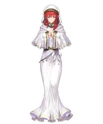 Rule 34 | 1girl, dress, female focus, fire emblem, fire emblem: mystery of the emblem, fire emblem heroes, full body, highres, holding, interlocked fingers, kousei horiguchi, lena (fire emblem), long hair, looking at viewer, nintendo, official art, own hands together, red eyes, red hair, smile, solo, staff, transparent background, white dress