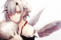 Rule 34 | 1girl, angel wings, bad id, bad pixiv id, bare shoulders, collarbone, holding, horns, looking at viewer, orange eyes, original, ribbon, shirotaka (5choume), short hair, simple background, skull, solo, symbol-shaped pupils, white background, white hair, wings