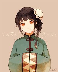 Rule 34 | 1girl, akagi shun, black hair, blunt bangs, braid, brown background, brown eyes, bun cover, china dress, chinese clothes, closed mouth, dress, hands in opposite sleeves, head tilt, looking at viewer, original, signature, single braid, smile, solo