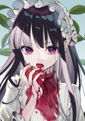 Rule 34 | 1girl, 786(nayam), black hair, black nails, blunt bangs, bonnet, bow, ear piercing, earrings, eating, eyebrows hidden by hair, fangs, food, frills, fruit, gradient background, holding, holding food, holding fruit, jewelry, juice, lolita fashion, long hair, looking at viewer, multicolored hair, nail polish, open mouth, original, piercing, pomegranate, purple eyes, red eyes, red ribbon, ribbon, simple background, solo, teeth, tongue, tongue out, upper body, vampire