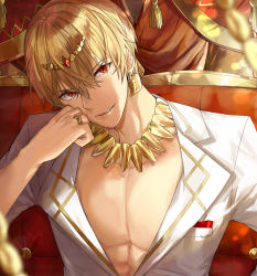 Rule 34 | 1boy, absurdres, blonde hair, blurry foreground, earrings, fate/grand order, fate (series), gilgamesh (fate), gold, hair between eyes, hand on own cheek, hand on own face, highres, jewelry, kanniiepan, lock, lock earrings, looking at viewer, male focus, necklace, open mouth, parted lips, pectorals, red eyes, ring, shirt, short hair, smile, solo, upper body, white shirt
