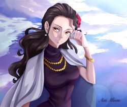 Rule 34 | 1girl, artist name, black hair, bracelet, caerulamoon, closed mouth, commentary, earrings, english commentary, flower, hair flower, hair ornament, highres, jewelry, long hair, necklace, one piece, orange eyes, pearl necklace, red flower, signature, smile, solo, viola (one piece)