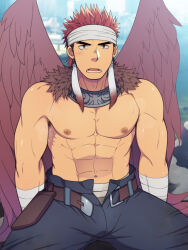 Rule 34 | 1boy, abs, armpit hair, bara, belt, blue pants, brown belt, brown eyes, canopus wolph, earrings, feather earrings, feathered wings, feathers, headband, highres, hikalunatique, jewelry, long hair, looking at viewer, male focus, muscular, muscular male, nipples, open fly, open mouth, outdoors, pants, pectorals, red hair, sitting, solo, sweat, sweatdrop, tactics ogre, thick eyebrows, topless male, white headband, wings