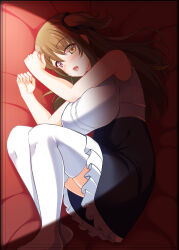 1girl absurdres assault_lily bare_arms bare_shoulders bed_sheet black_ribbon black_skirt blush breasts brown_hair commentary_request feet_out_of_frame frilled_skirt frills hair_between_eyes hair_ribbon heterochromia high-waist_skirt highres inset_border kuo_shenlin large_breasts legs_together long_hair looking_ahead lying miniskirt no_shoes on_side one_side_up open_mouth outside_border red_eyes ribbon school_uniform shade shirt shrimp_3 skirt sleeveless sleeveless_shirt solo thighhighs white_shirt white_thighhighs yellow_eyes yurigaoka_girls_academy_school_uniform