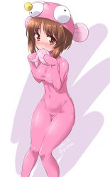 Rule 34 | 1girl, anglerfish costume, blush, bodysuit, breasts, brown eyes, brown hair, commentary, covered navel, curvy, dated, embarrassed, female focus, fish costume, frown, girls und panzer, gluteal fold, hat, highres, kuzuryuu kennosuke, legs, looking at viewer, medium breasts, nishizumi miho, one-hour drawing challenge, open mouth, pink bodysuit, pink hat, short hair, solo, standing, thigh gap, thighs, twitter username, white background