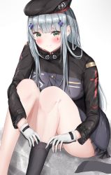 Rule 34 | 1girl, absurdres, ass, bad id, bad pixiv id, bare legs, beret, breasts, cross, dressing, embarrassed, facepaint, girls&#039; frontline, gloves, green eyes, hat, heart, heart-shaped pupils, highres, hk416 (girls&#039; frontline), iron cross, jacket, knees up, legs, long hair, medium breasts, military jacket, miniskirt, mo (mainiti omoti), pleated skirt, silver hair, single thighhigh, sitting, skirt, solo, symbol-shaped pupils, teardrop, thighhighs, thighs, undressing, wavy mouth