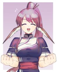 Rule 34 | 1girl, absurdly long hair, ainu clothes, animal ears, aquaplus, arms up, breasts, clenched hands, closed eyes, dress, hair ornament, high ponytail, highres, imawanaki, large breasts, long hair, open mouth, ponytail, purple hair, red sash, sash, see-through, see-through sleeves, short sleeves, solo, taut clothes, taut dress, teeth, tongue, touka (utawarerumono), upper body, utawarerumono, very long hair, wide sleeves