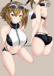 Rule 34 | 0 0, 10s, 2girls, :3, :d, ahoge, arm support, arms at sides, ass, back, bad perspective, bare arms, bare back, bare shoulders, beige background, bikini, black bikini, breasts, brown hair, chibi, chibi inset, collarbone, covered erect nipples, crop top, cropped legs, dimples of venus, eyewear on head, green eyes, grin, head out of frame, headgear, highres, kantai collection, kneeling, kongou (kancolle), kuga zankurou, large breasts, layered bikini, layered swimsuit, looking at viewer, multiple girls, multiple views, mutsu (kancolle), navel, open mouth, parted lips, shiny skin, short hair, simple background, skindentation, smile, standing, stomach, sunglasses, swimsuit, teeth, thong, translation request, twitter username, whale tail (clothing), white-framed eyewear, zipper