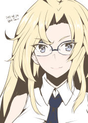Rule 34 | 1girl, bespectacled, black necktie, blonde hair, breasts, dress shirt, glasses, grey eyes, highres, hornet (kancolle), kantai collection, large breasts, long hair, looking at viewer, necktie, shirt, simple background, sleeveless, sleeveless shirt, solo, taira yuuki, upper body, white background, white shirt